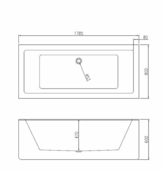 Rechthoekige badkuip met een witte afwerking, eenvoudige lijnen en een plaats voor een afvoer in het midden, met afmetingen aangegeven.