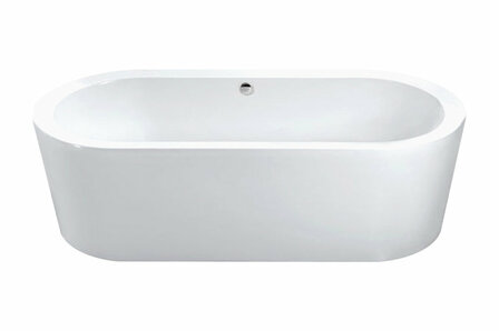 Witte, vrijstaande badkuip met een ovale, modern gestroomlijnde vorm en een gladde afwerking.