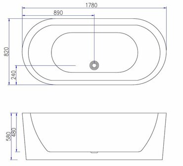 Witte freestanding badkuip met ovale vorm, met afmetingen en aansluitingen in blauw weergegeven op een technische tekening.