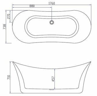 Technisch schema van een moderne vrijstaande badkuip, met afgeronde hoeken en afmetingen in millimeters.