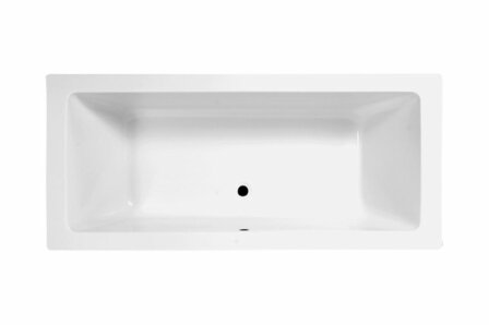 Witte rechthoekige ligbad met een gladde afwerking en een centraal drainopening.