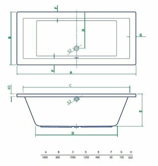 Technische tekening van een rechthoekig bad, met afmetingen in millimeters, in een eenvoudig zwart-wit ontwerp.