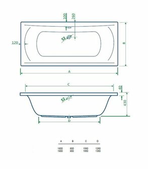 Technische tekening van een rechthoekig bad, met afmetingen in millimeters en heldere blauwe lijnen op een witte achtergrond.