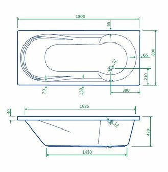Wit bad met ovalen vorm, weergegeven met afmetingen en technische details in blauw, eenvoudig en functioneel ontwerp.