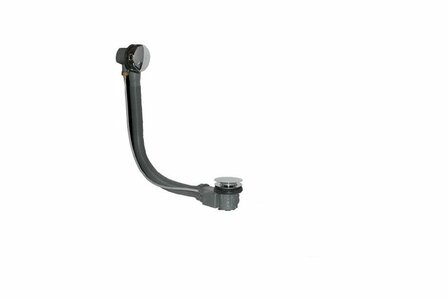 Zwart kunststof afvoersysteem met een gebogen verbindingspijp en een ronde afvoeropening aan de onderkant.