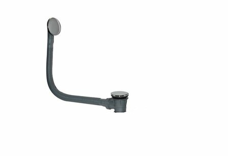 Verchroomde wastafelkraan met een gebogen, flexibele afvoerleiding en een ronde afdekking.