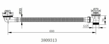 Stalen afvoerbuis met flexibele schroefverbinding en maatindicatingramen, zwart met een chrome afwerking.