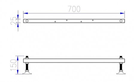 Technische tekening van een metalen rek, wit met zwarte poten, afmetingen 700x25x150 mm, met vier bevestigingsgaten.