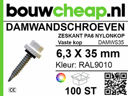 Witte damwandschroef met een zeshoekige nylonkop, maat 6,3 x 35 mm, in een verpakking van 100 stuks.