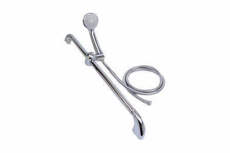 Glanzende chroom douchekraan met handdouche en flexibele slange. Elegant en modern design met scherpe lijnen.
