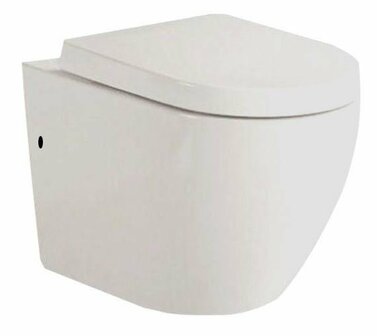 Witte, wandhangende toiletpot met een moderne, strakke design en afgeronde hoeken.