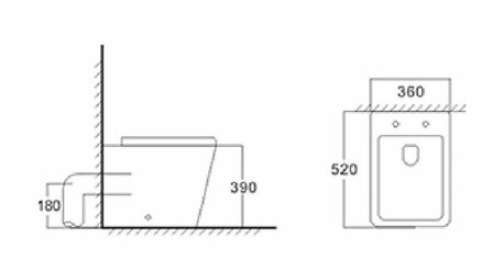 Wit keramisch toilet met afmetingen en pijlen, getekend in technische stijl. Compakte, moderne vormgeving.