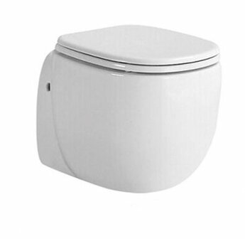 Witte wandtoilet met een strak, modern ontwerp en een afgeronde voorkant zonder zichtbare spoelrand.