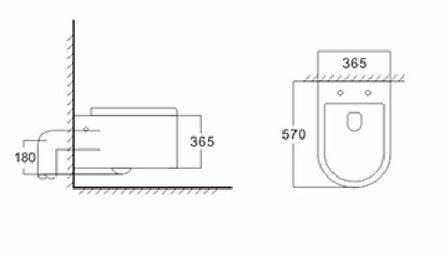 Technische tekening van een toilet met specifieke afmetingen en een eenvoudige, strakke vormgeving in zwart-wit.