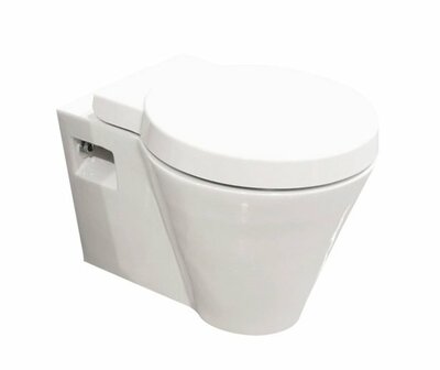 Witte wandhangende toiletpot met een afgeronde zitting en strakke, minimalistische vormgeving.