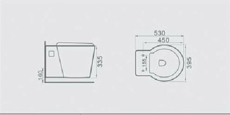 Een witte wandcloset met ronde toiletbril, geschetst met afmetingen in zwart op een lichte achtergrond.
