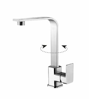 Kraan met een strakke, moderne vormgeving en een rechthoekige uitloop die draaibaar is. Hoogglans chroomafwerking.