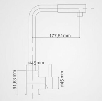 Lichtgrijze technische tekening van een rechte keukenkraan met afmetingen en merktekens.