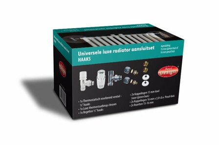 Zwarte doos met kleurrijke illustraties van een radiatoraansluitset, inclusief thermostaats en koppelingen.