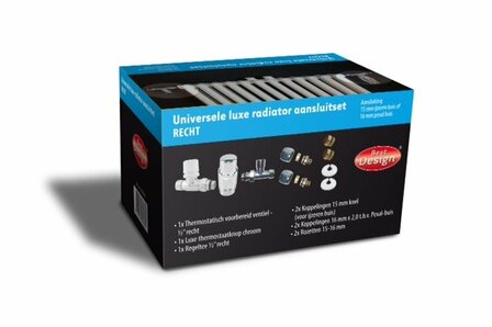Zwarte doos met kleurrijke afbeeldingen van radiator aansluitsets en accessoires, inclusief beschrijving en specificaties.