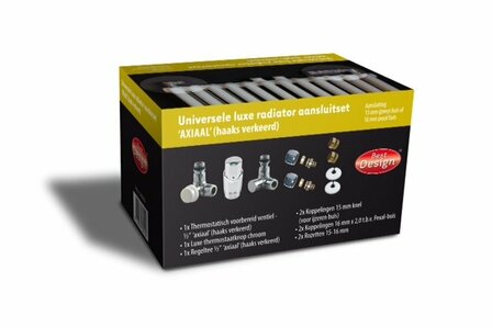 Een zwarte doos met witte tekst en afbeeldingen van radiator aansluitsets, inclusief verschillende ventielen en koppelingen.