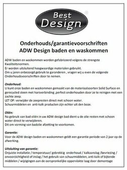 Witte achtergrond met zwarte tekst, logo van &quot;Best Design&quot; bovenaan, en duidelijke kopjes voor onderhoudsvoorschriften.
