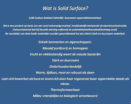 Blauwe achtergrond met witte tekst over Solid Surface, benadrukt kenmerken en voordelen van het materiaal.