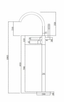 Een technische tekening van een geborsteld stalen mengkraan met duidelijke afmetingen en een moderne, slanke vormgeving.