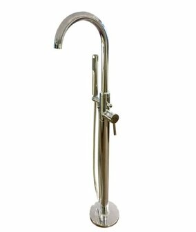 Glanzende, metalen keukenkraan met een gebogen tuit en een moderne design, voorzien van een handvat aan de zijkant.