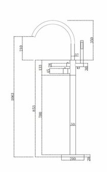 Technische tekening van een moderne, hoge kraan met een gebogen uitloop en duidelijke afmetingen.