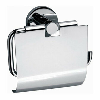 Glanzende chromen toiletrolhouder met een strak, modern ontwerp en een afgeronde bevestiging aan de muur.