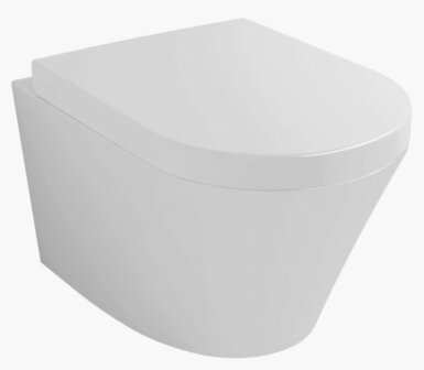 Witte, wandhangende toiletpot met een strakke, moderne vorm en een afgeronde bovenkant.
