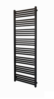 Zwarte handdoekradiator met horizontale en verticale spijlen, ontworpen voor wandmontage.