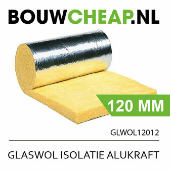 Gele glaswolisolatie met een glanzende aluminiumlaag, opgerold en 120 mm dik.