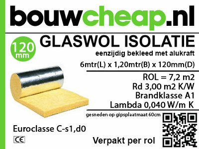 Geel glaswol isolatiemateriaal met een aluminiumfolie coating, verpakt in een rol van 6 meter lang en 1,20 meter breed.