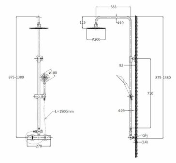 Technische tekening van een douchesysteem met zwarte en chromen onderdelen. Links een tl;dr van de afmetingen en details.