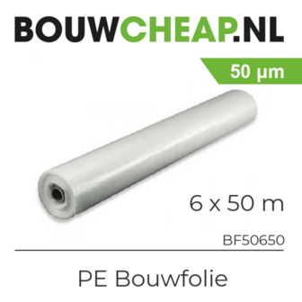 Transparante PE bouwfolie op een rol van 6 x 50 meter, dikte 50 &micro;m, met duidelijke productinformatie bovenaan.