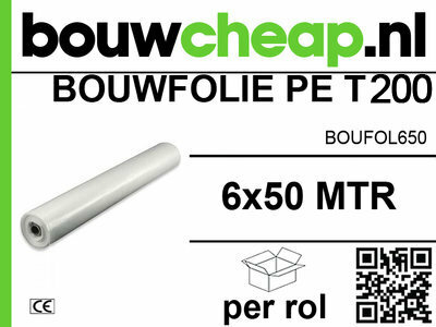 Witte bouwfolie op een rol van 6x50 meter, met het merklogo van Bouwcheap en een QR-code in de hoek.