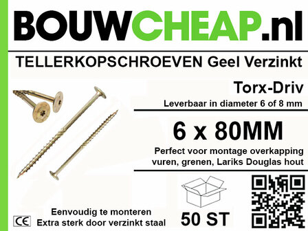 Zeskantige, verzinkte schroeven in geel, met Torx-drives, verpakt in een doos van 50 stuks, duidelijk merklogo zichtbaar.