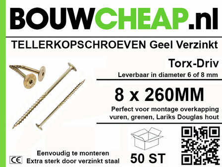 Geel verzinkte tellerschroeven van het merk Bouwcheap, 8 x 260 mm, in een doos met 50 stuks, met duidelijke productinformatie.