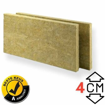 Gele isolatieplaten van minerale wol met een dikte van 4 cm, gestapeld naast elkaar.