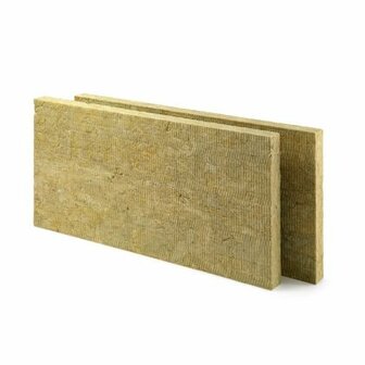 Twee gele isolatieplaten van steenwol met een ruwe structuur en rechte randen, gestapeld op elkaar.