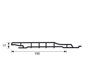 Zwart metalen profiel met een hoogte van 17 mm en een lengte van 150 mm, voorzien van een getande structuur.