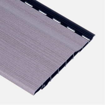 Grijze, houten uitstraling wandpaneel van kunststof met zwart kunststof profiel en perforeerde bovenrand voor eenvoudige montage.