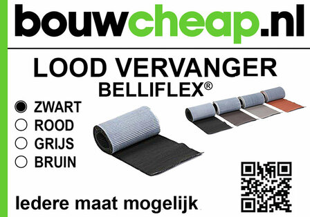 Zwart, grijs, bruin en rood Belliflex&reg; lood vervanger in rollen; visueel aantrekkelijk met logo en QR-code op een witte achtergrond.