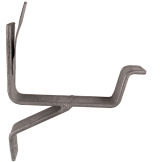 Grijze metalen haak met een complexe vorm, voorzien van rechte en gebogen delen voor bevestiging.