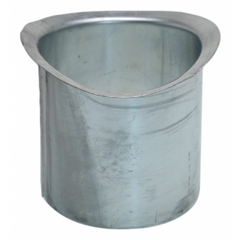 Metalen container met een halfronde bovenrand en een rechte, cilindrische vorm. Glanzend en licht reflecterend oppervlak.