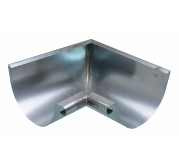 Geplaatste, gebogen metalen hoekverbinder met een gladde afwerking en een holle doorvoer aan de onderkant.