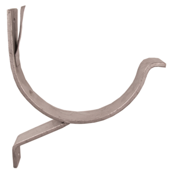 Metalen beugel met een ronde, gebogen vorm en een recht stuk aan de onderkant voor bevestiging.
