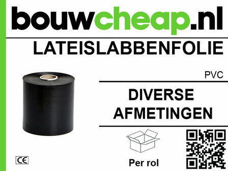 Zwarte lateislabbenfolie op een rol, met een centrale as, gepresenteerd op een witte achtergrond met groene en zwarte tekst.
